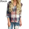 Womens Plaid Top Plus Size Roupa Desligue Collar Manga Longa Mulher Camisas Streetwear Mulheres Tops e Blusas LJ200811