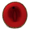 와이드 브림 모자 2021 남성 여성 양모 레오파드 프린트 페도라 벨트 버클 빈티지 플랫 두 톤 파나마 Trilby 모자 모자