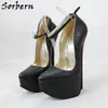 Sorbern Black Matt Kvinnor Pumpar Ankelband Pekade Toe Heels 20cm Platform Äkta Läder Sko Storlek 8 Party Shoes 2020 Ny