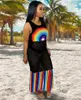 Fashion Sexy Mesh SeeThrough Rainbow Print Outfit Casual Dress Women Summer Clothes