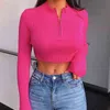 Kadın Uzun Kollu Moda Fermuar Seksi Mahsul T-shirt Örme Kadın Bodycon Balıkçı Yaka T-Shirt Streetwear Club Parti Kıyafet G220228