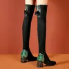 Mode over de knie lange laarzen vrouwen winterlaarzen strass hoge hakken laarzen voor dames dikke hak zwart stretch botas
