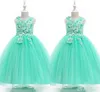 Vestido de fiesta verde menta Vestidos para niñas de flores 2020 Encaje Flores en 3D Manga casquillo con cuentas Joya Vestido de fiesta para niñas Vestido de primera comunión para niños pequeños