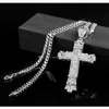 Srebrny hip-hopowy krzyż urok wisiorek pełny lód Out Cz symulowane diamenty katolicki krucyfiks chrześcijański naszyjnik z długim kubańskim Skjfy