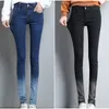 Kvinnor Spring Zip Side Hem Gradient Färg Penna Jeans Låg Midja Sida Zipper Stretch Skinny Long Jeans Sexy Denim Pants 201105