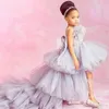 Luxury ICe Blue Flower Girls Dresses Lace Appliques Feather Tiered Kids Formal Wear Backless Birthday Toddler Pageant Gowns Custom2070