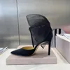 Designer Merken Satijnen stiletto Sandalen Mesh Strik Pompen Dames Hoge Hakken Enkelbandje Jurk Schoenen Elegante Bruiloft superieure kwaliteit hakken Dames Sandaal met doos