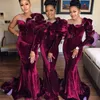 2021 Burgundy Velvet Bridesmaids Dresses For African Black Girls Pearls Ruffles Mermaid Plus Size Wedding Dress As Guest One Long Dress