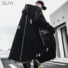 Hip Hop Windjack Hole Hooded Lange Trench Jassen Jassen Mannen Raw Earge Cloak Capes Gothic Punk Steampunk Print Denim Overcoat 201119