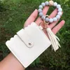 Multi-functional Wristlet Bracelet Keychain ID Card Holder PU Bangle Key Ring Purse Credit Pocket Tassel for Women Wallet Silicone Bead keyring Beaded with Elastic