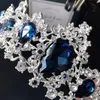 Luxury Silver Barock Plated Blue Crystal Bridal Set Necklace Earring Tiara Crown Wedding African Beads Smycken Set 92QQ7037080