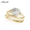 AINUOSHI Luxury 925 Sterling Silver Yellow Gold Color Round Cut 0.5ct Wedding Rings Women Halo Silver Bridal Rings Party Jewelry Y200106