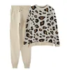 Taovk outono e inverno mulheres moda leopardo malha o-collor panllover camisola e calças dois pedaço conjunto t200702
