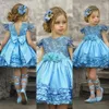 Krótki Blue Princess Flower Girl Sukienki na Wesela Klejnot Koronki Koronkowe Aplikacje Bow Undering Little Kids Baby Suknie First Communion Suknie