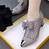 FHANCHU 2022 Kadınlar Rhnestone Sandalsbowtie Yüksek HeelsFashion Mesh Yaz Shoesnaked Bootpointed ToeblackGreyShip