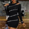 Plus Size Ombro Manga Longa Mulheres Bodycon Party Vestidos Primavera Outono Moda Sexy Skinny Clubwear Mini Vestido Sólido Diamante Y0118