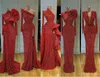 長袖の赤い人魚のイブニングドレスゴージャスな吹き付けエレガントなセクシーなプロングドレスのスパンコルフォーマルイブニングガウンロービー