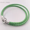 High quality Fine Jewelry Woven 100% genuine Leather Bracelet Light Green Mix size 925 Silver Clasp Bead Fits Pandora Charms Bracelet DIY Marking  for women men gifts
