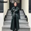 Nerazzurri Autumn long leather trench coat for women long sleeve belt button faux leather raincoat women plus size fashion 201214