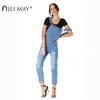 JLI MAY Jeans solidi da donna Tuta in cotone Tasca patchwork Sbiancato Strappato Vita alta Denim Tuta intera Streetwear 201105
