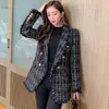 Women Black Plaid Tweed Jackets Autumn Winter Office Ladies Pockets Frayed Trims Tassels Coats Female Vintage Thick Outerwear 201019