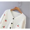 Sweet Cute Kawaii Pink Cherry Embroidery Women Autumn Knitted Cardigan Tops Chic V-neck Single-breasted Sweaters 201222