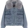 NIJIUDING Winter Casual Solide Echtpelz Kragen Denim Jacke Weibliche Lose Einreiher Plus Samt Verdickt Parkas Frauen 201214