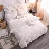 Luxury White Pink Purple Green Winter Thick Fleece Fabric Princess Bedding set Lace Jacquard Duvet Cover Bed skirt Pillowcases T200706