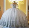 2022 Luxuriöse Brautkleider mit Pailletten und Applikationen, Ballkleid, Brautperlen, schulterfrei, kurze Ärmel, bauschiges Party-Quinceanera-Kleid für Gäste