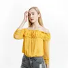 Mode Elegante Frauen Hemd Häkeln Schlank Tops Spitze Patchwork Stickerei Neun Viertel Hülse Büro Gelb Bluse