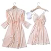 Nightwear Sleepwear 가슴 패드가있는 목욕 가운 나이트 드레스 파자마 섹시한 레이스 수면 라운지 Pijama 숙녀 가운 가운 세트 수면 드레스 Y200429