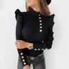 Women Sexy Slim Ruffle Shirt Blouse Office Lady Casual O Neck Ribbed Tops Pullover Autumn Winter Butterfly Long Sleeve Blusas