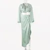 Asia satinado conjunto de dos piezas mujeres otoño manga larga linterna crop top alto faldas divididas 2 ropa de fiesta verde 220221
