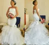 2021 Modern African Wedding Dress Mermaid Style Bez Ramiączek Ruffles Tulle Spódnica Kryształ Big Bow Satin Bridal Dress Plus Size Women Party