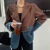 2021 Spring New Women Denim Patchwork Notched Plaid Blazer Office Lady Elegance Full Sleeve Jacket Stylish Outerwear C0N101T