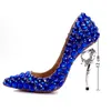 Lyxiga kvinnor Bling Seahorse Heel Diamond Singelklänning Skor Rhinestone Bröllopspumpar Silver Pläterade Högklackade Damer Full Royal Blue Crystal Borrade Klackar