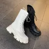 Vrouwen Laarzen Winter Sneeuw Buiten Zwart Wit Dikke Bodem Motorfiets Womens Korte Kant Boot Lederen Schoenen Maat 35-40 07