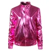 Silver Metallic Coated Bomber Jacka Kvinnor Glänsande nattklubb Baseball Varsity Jacket Womens Zipper Front Mandarin Collar Jackets1