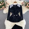 Vestidos de Trabalho Mulheres Veludo Preto Dois Peça Set Senhoras Escritório Elegante V-pescoço de Manga Longa Blusa + Trumpeta De Cintura Alta Saia Midi Saia Outono