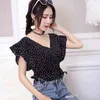 2019 vrouwen korte mouw lace up blouse top dot print v-hals shirts ruches chiffon blouse H1230