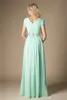 Mint Beaded Chiffon Modeste Bruidsmeisjes Jurken met Cap Mouwen Lange A-Lijn Bruiloft Gasten jurken Formele avond Maids of Honour Jurken