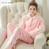 JULY'S SONG Winter Pajamas Set Women Sleepwear Warm Flannel Long Sleeves Pajamas Pink Cute Animal Homewear Thick Home Suit 201217