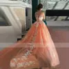 Wspaniałe koralowe koronki balowe sukienki z odpinanym pociągu overkirt Quinceanera Dress Women Plus Size Open Back Formal Evening Party Suknie