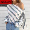 Kvinnors Blusar Skjortor Umeko Striped Blouse Women One Shoulder Topps Sexig Långärmad Bow Kvinna Fashion 2021 Chemisier Femme