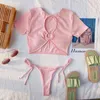 Nervürlü Tankini Pembe Mayo Yüzük Mayo Kadınlar Yüksek Belli Mayo Kısa Kollu Brezilyalı Bikini Kravat Yan Plaj Giyim