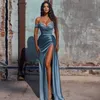 Sexy Light Blue Off Shoulder Mermaid Prom Dresses Beaded Plezes Gedraped High Split Sweep Sweep Train Avondjurken Formele Jurk Custom