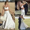 2021 Två bit bröllopsklänningar En linje Satin Sweetheart Neckline Sweep Train Ruched Pleats Custom Made Wedding Gown Vestido de Novia