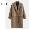 Narci 2020 Neue Damen Karierte Lange Mantel Für Winter Frühling Damen Hahnentritt Plaid Mantel Braun Drehen Unten Kragen Lose mantel LJ201109