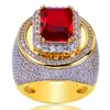 Hip Hop plaqué or anneaux pour hommes zircon cubique rouge rubis pierres précieuses mode bague en diamant bijoux