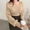 冬のファッションのひれの固体緩い痩身ニットスイート女性エレガントな正方形の襟のセータープルオーバートップスプルフェムミ11121 210521
